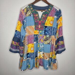 Caleooa Womens Floral Patch Embroidered Blouse Size L Boho Hippie Art To Wear
